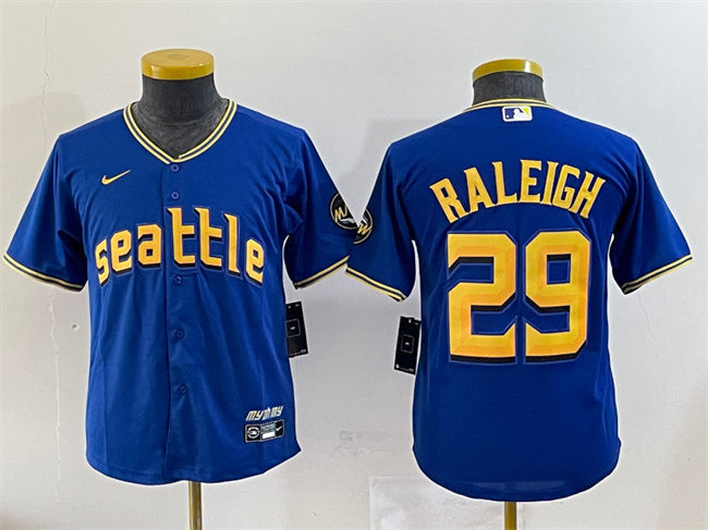 Youth Royal Seattle Mariners #29 Cal Raleigh City Connect With Patch Stitched Baseball Jersey